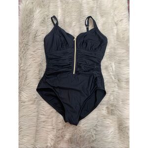 Miraclesuit  Underwire One Piece Gold Front Zip Black Swimsuit size 14